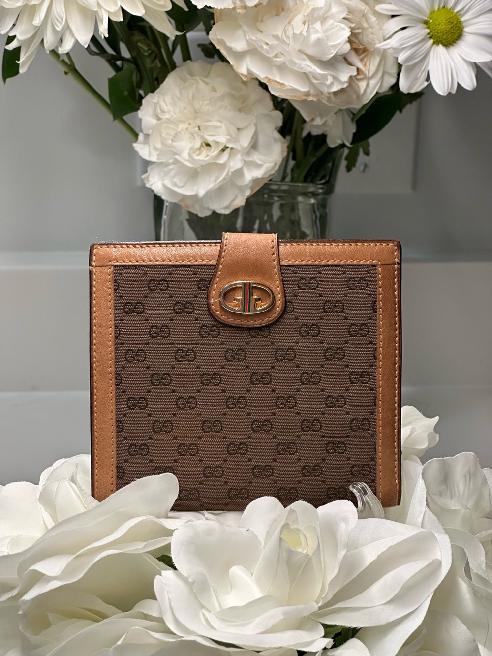 Gucci Mini Micro GG Brown Monogram Canvas Wallet with Tan Leather Trim